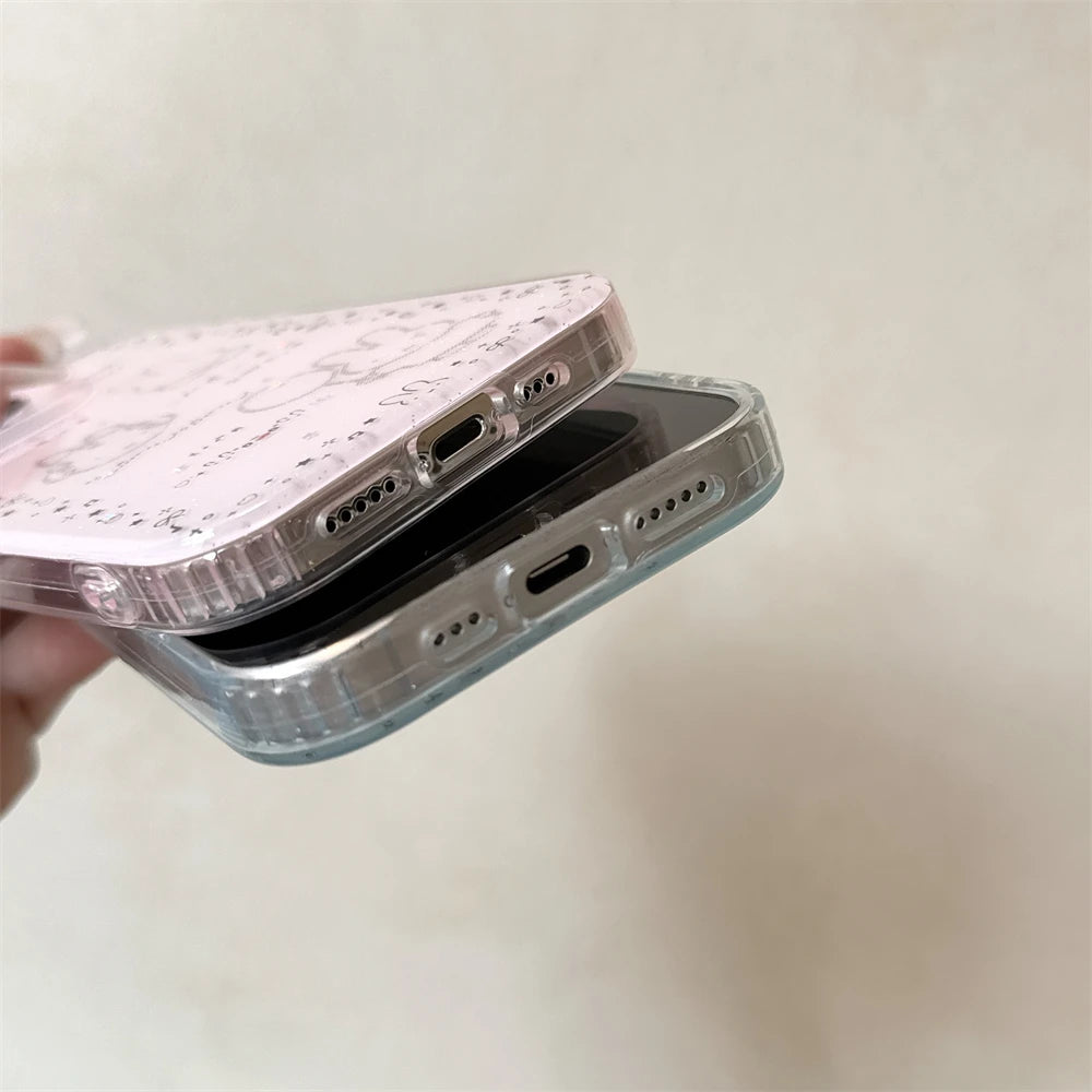 Luxury Glitter Pink Case For iPhone 13 12 11 14 15 16 Pro Max 16 Plus Cartoon Bling Transparent Shockproof Hard PC Bumper Cover