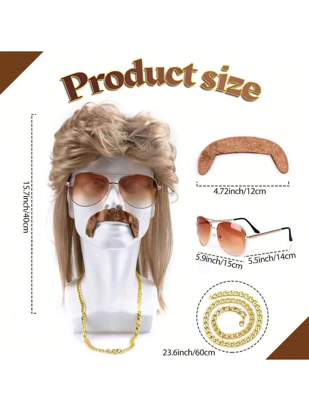 Mullet Wig 80s 90s Outfit Accessories Men,Blond Men's Heat Resistant Synthetic Hair Wigs Wig Sunglasses Necklace Headscarf