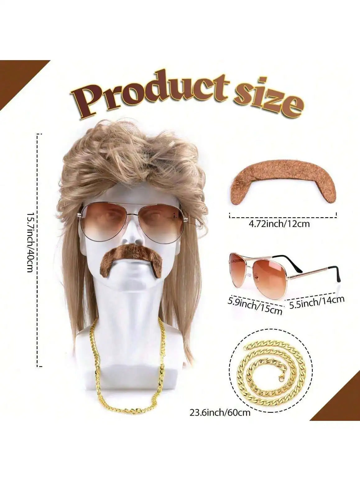 Mullet Wig 80s 90s Outfit Accessories Men,Blond Men's Heat Resistant Synthetic Hair Wigs Wig Sunglasses Necklace Headscarf