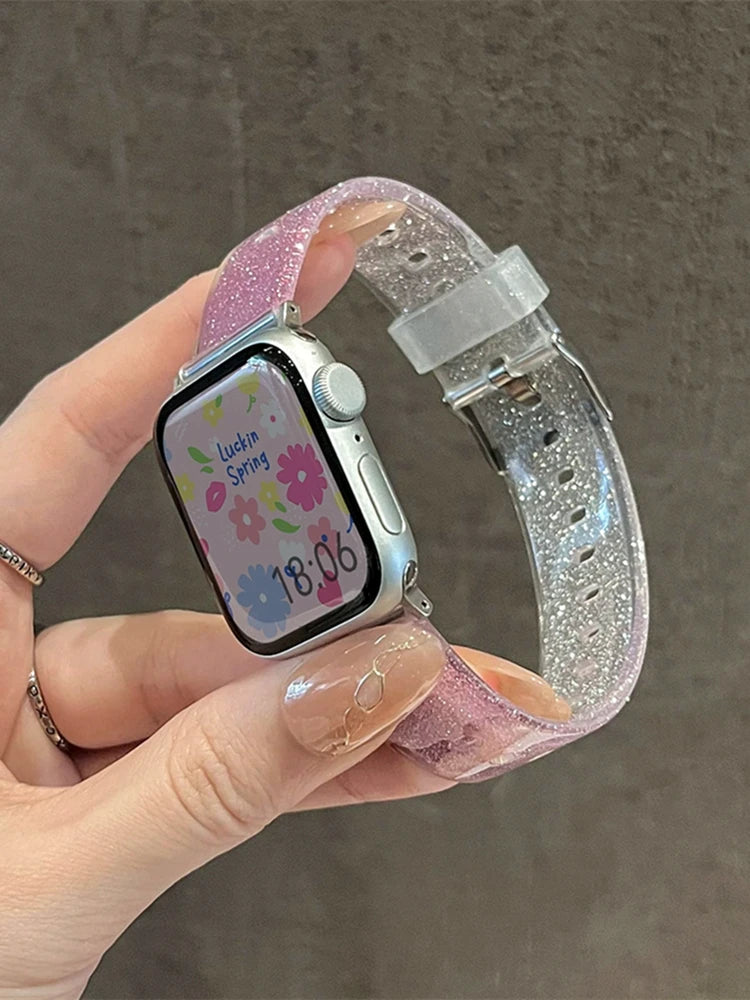 Luxury Glitter Clear Band For Apple Watch Strap 41mm 45mm 44mm 40mm 38mm Girl Sport Plastic Starp For iWatch 9 8 7 6 5 4 3 2 SE