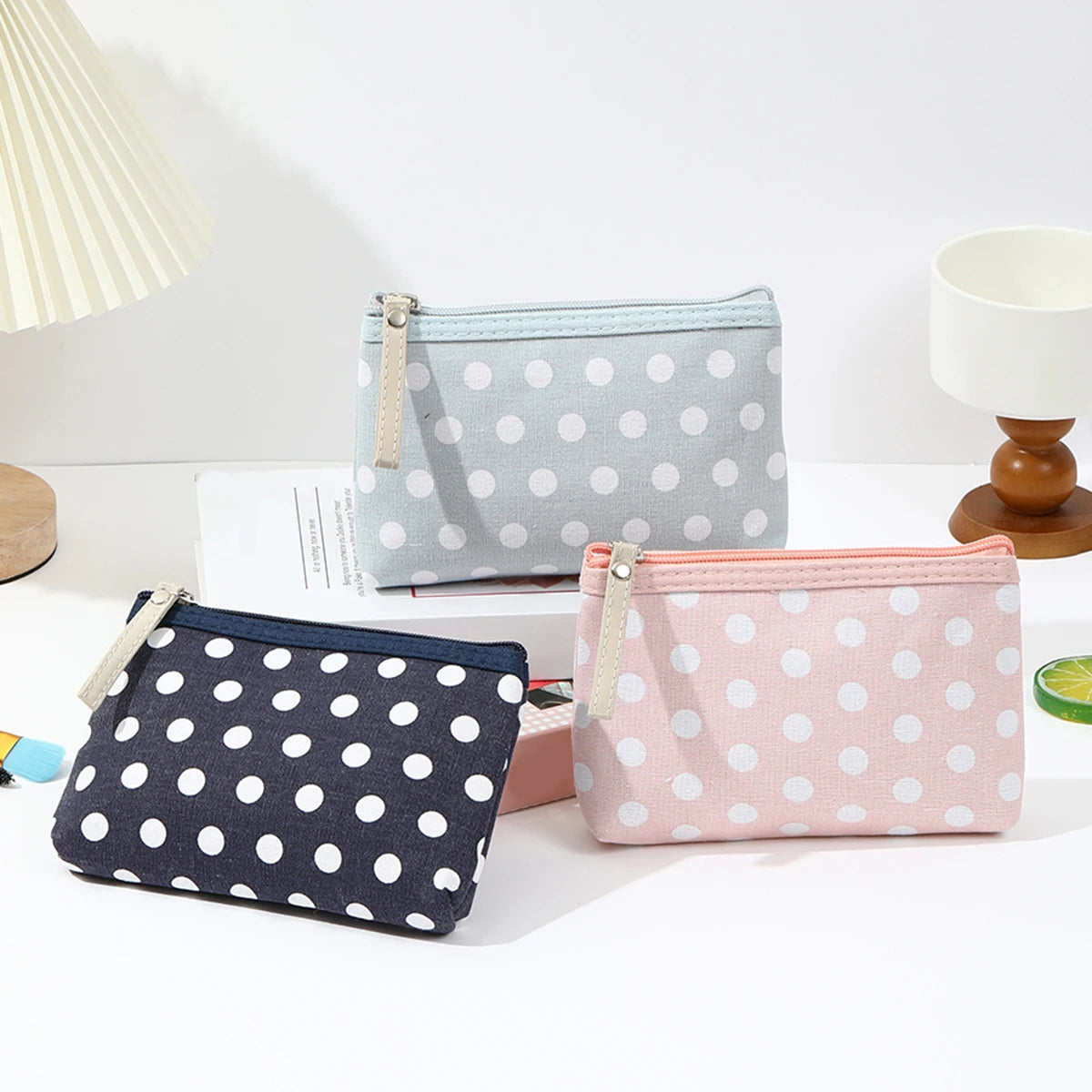 Small Fresh Canvas Dot Makeup Bag Simple and portable skincare storage bag Korean version student pencil case wallet