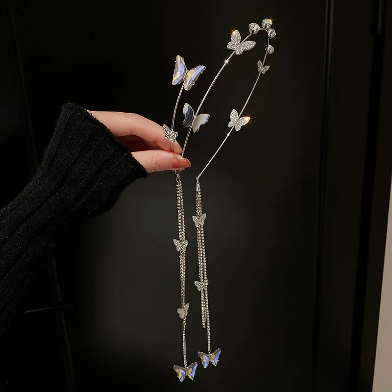 DREJEW Butterfly Hairbands for Women Rhinestone Crystal Long Tassel Chain Headband Simulated Pearl Headwear Hair Accessories
