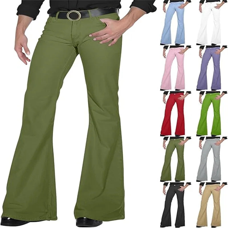 2026 Fashion Men's Vintage Disco Flared Pants Solid Stretch Slim Fit Trousers Hippie Style Casual Wide Leg Pants Male Streetwear