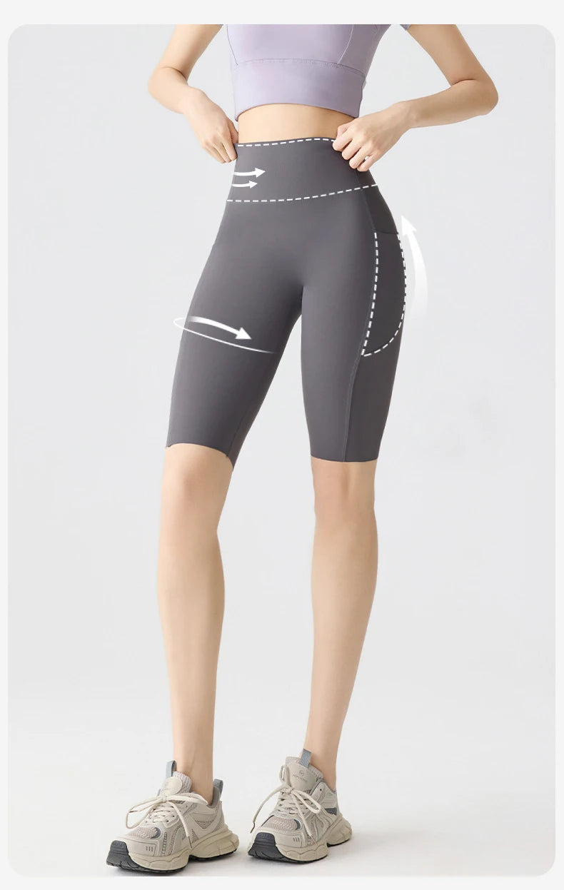 BIVIGAOS Summer Pocket Yoga Sharkskin Bicycle Shorts Women Thin High Waist Push Up Naked Feeling Sports  Fitness Cycling Shorts