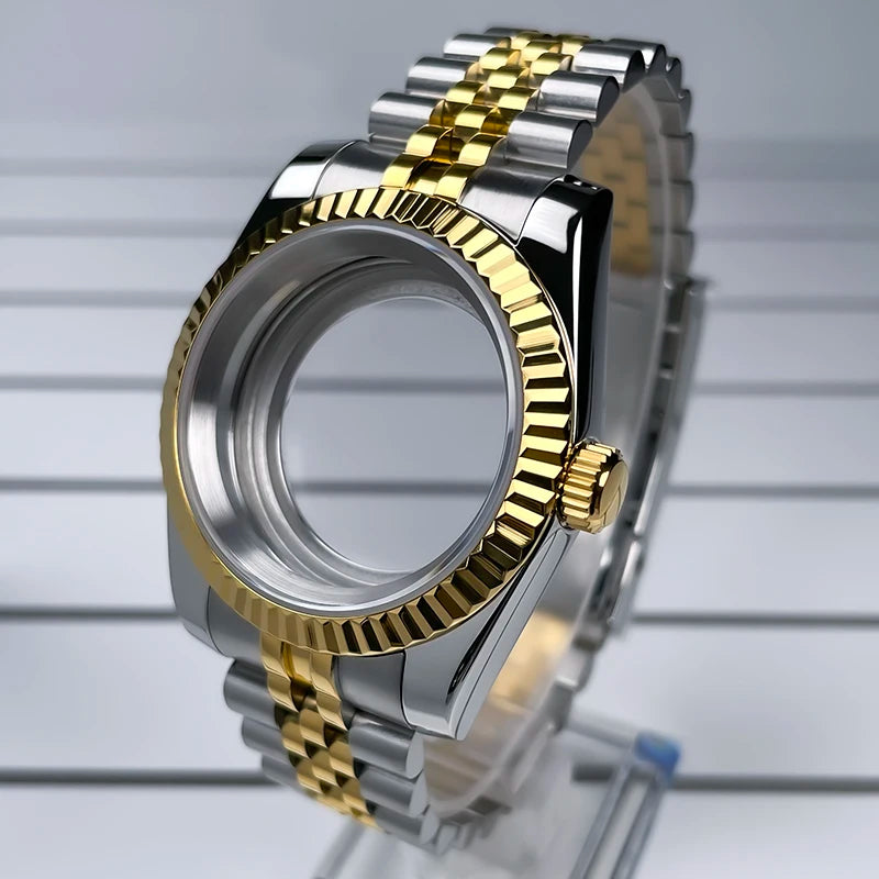 39mm NH35 Case Fluted Bezel DJ2T Yellow Gold Sapphire Glass Skx Mod Modification Parts Fit NH35 NH36 Movement Steel Watch Case