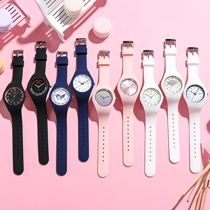 Ladies Fashion Watch Couple Quartz Watch Jelly Color Rubber Sports Clock Suitable for Women Men Starry Earth Rainbow Watch