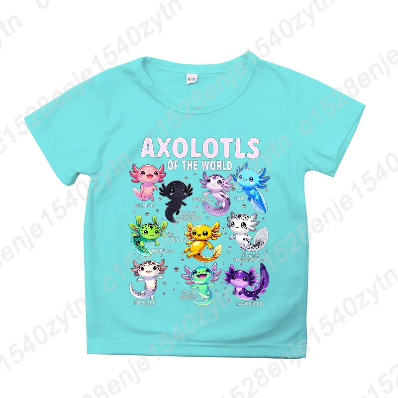 Colorful Cartoon Axolotls Graphic Print Tee, Girls' Casual & Comfy Crew Neck Short Sleeve T-shirt For Spring & Summer