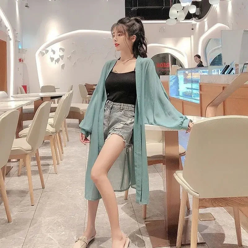 Long Shirts Women Summer Girls Sunscreen Clothing Seethrough Thin Loose Solid Simple Leisure All-match Korean Style Chiffon Tops