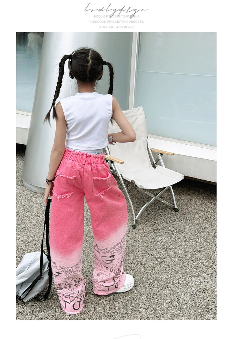 junior girls pink gradient color hole wide leg jeans cotton teenager kids Mop pants pant children trousers adolecentes 4 12 14