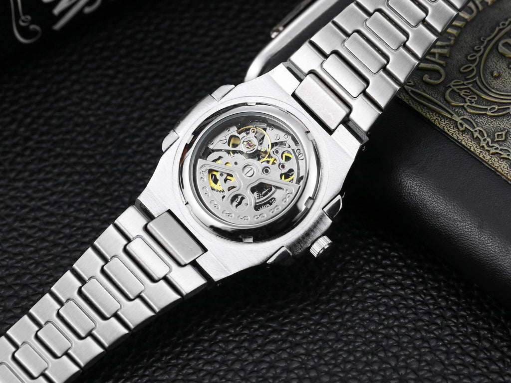 Power Reserve Mechanical Men Wristwatch Skeleton Stainless Steel Powerful Automatic Watches Square Waterproof Hand Clock Gift
