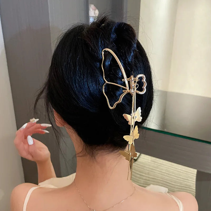 DREJEW Butterfly Hairbands for Women Rhinestone Crystal Long Tassel Chain Headband Simulated Pearl Headwear Hair Accessories