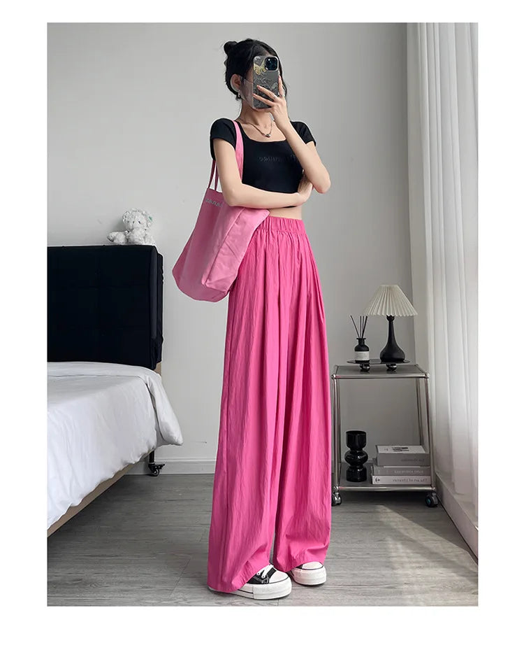 BIVIGAOS Lazy Style Loose Wide Leg Pants Women Summer Coloured Thin Casual Tide Straight Ice Silk Japanese Sunscreen Pants