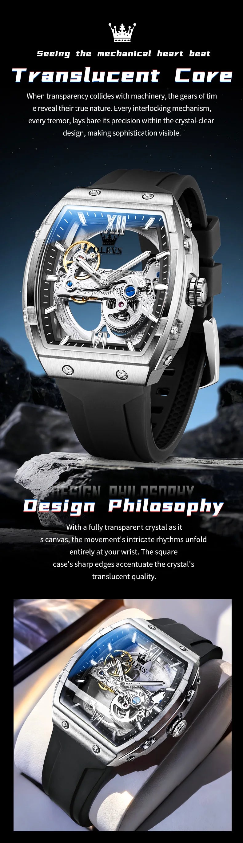 OLEVS 6779 Man Watch Skeleton Luxury Tonneau Mechanical Watches For Men Waterproof Silicone Strap Automatic Hand Clock Gifts Box