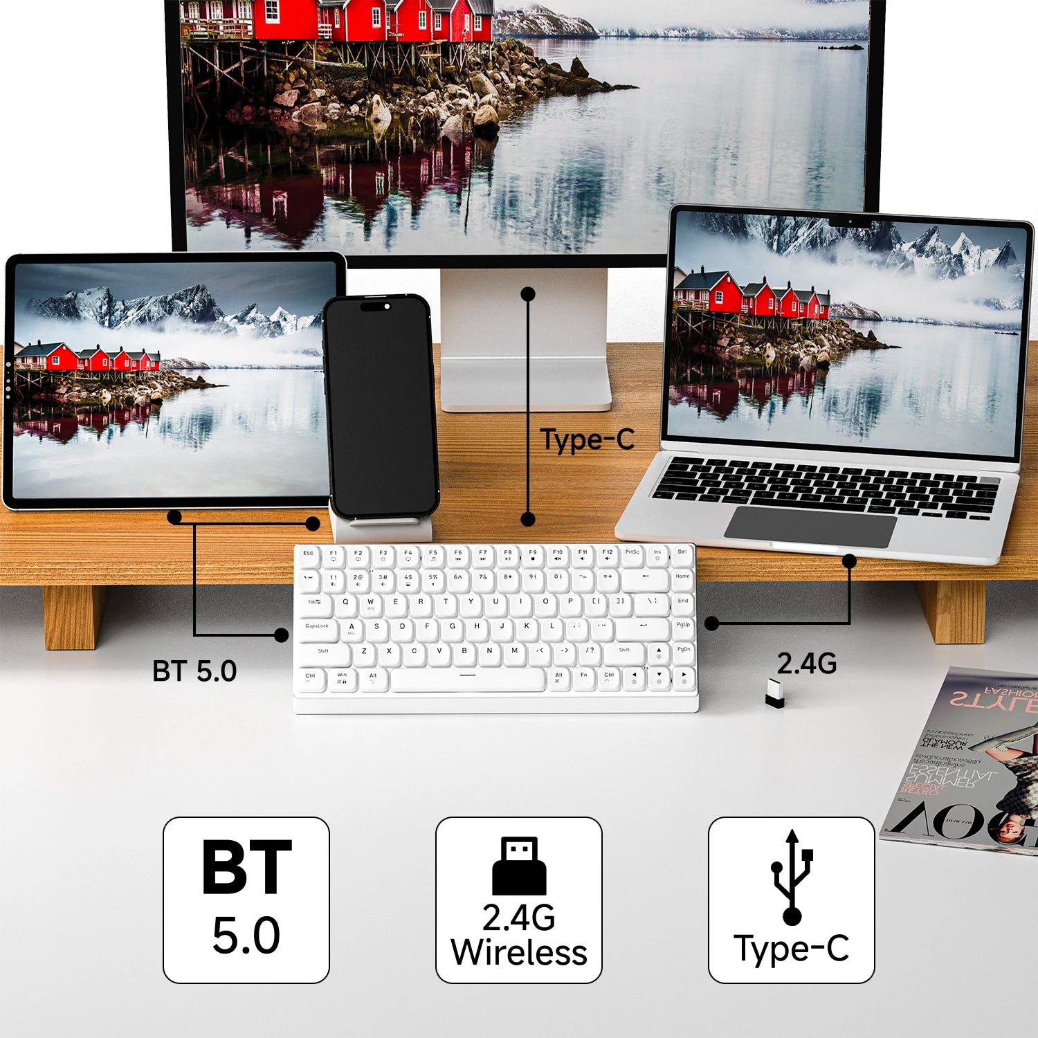 EWEADN MK84 Low-Profile Mechanical Gaming Keyboard, Wireless Bluetooth Tri-mode, Portable, Stylish Design for Gaming & Office