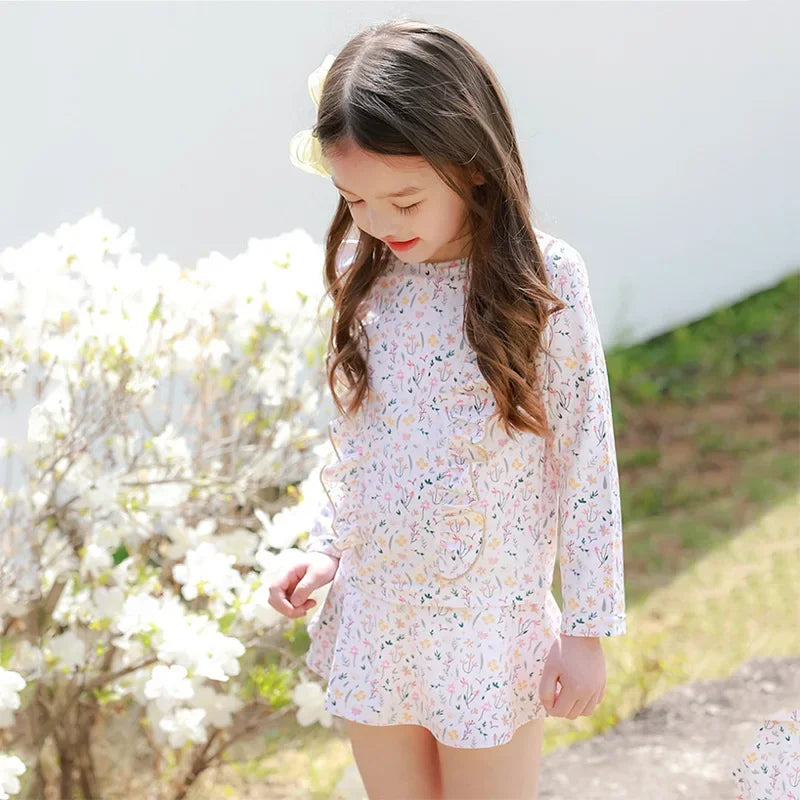 Children's Swimsuit for Girls 2025 New Style Split Long Sleeved Short Skirt Sunscreen Hat Quick Drying Four Piece Set Swimsuit
