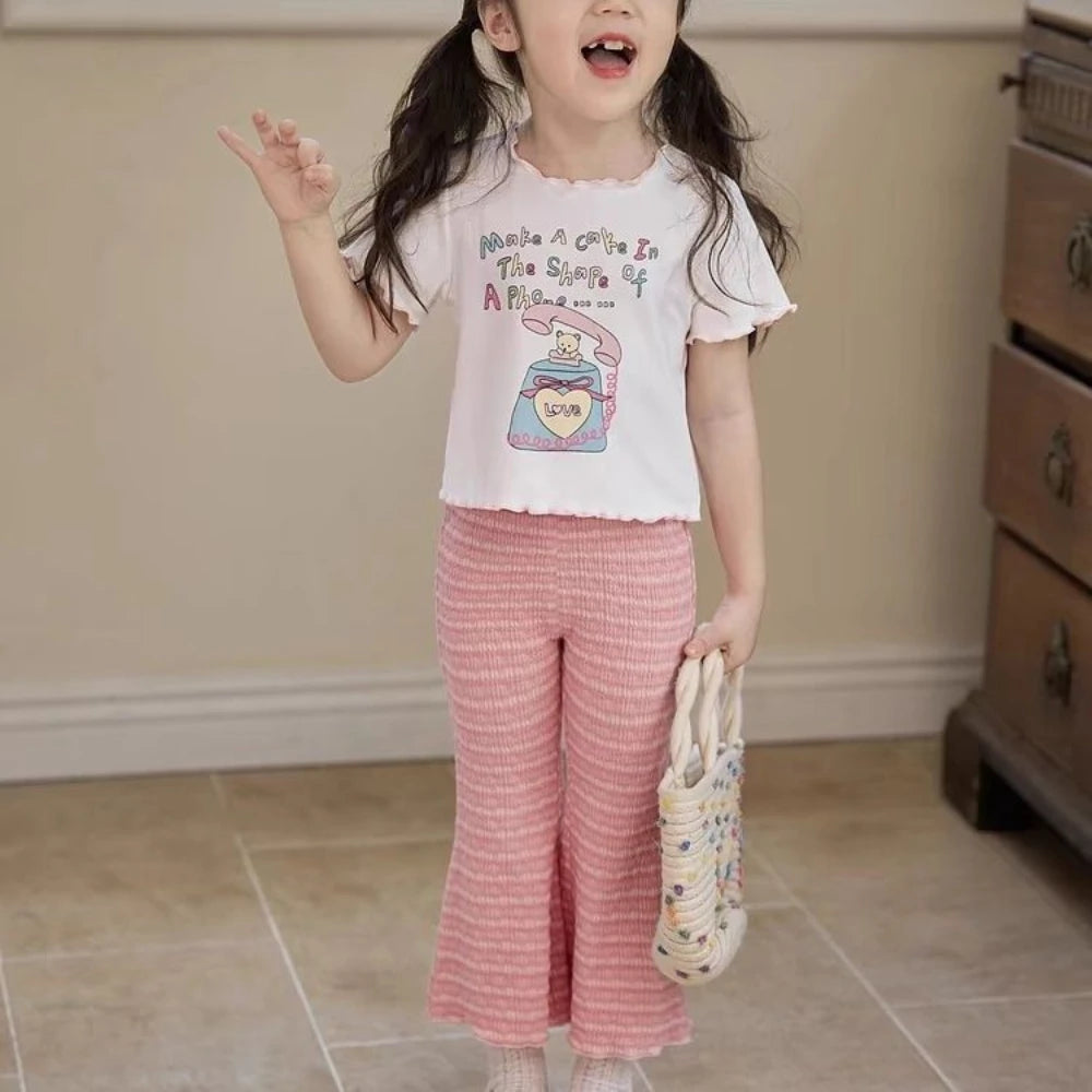 Bear Leader 3-7 Years Summer Korean Version Plain Girls Clothes Striped Printed Flared Pants Easter Casual Children's Clothing