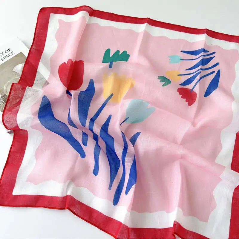 Sunscreen Head Scarf Cotton Linen Square Scarf Women Floral Peach Neck Scarf Fashion Decorative Neckerchief Hairband 58*58cm