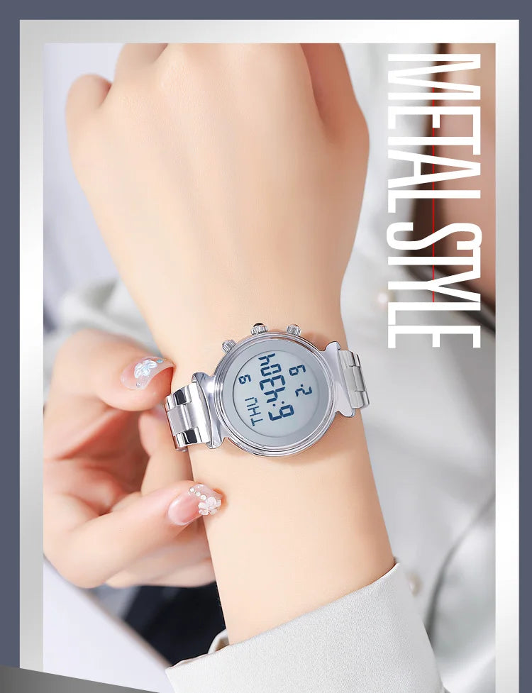 SKMEI Fashion Women's Alloy Digital Business Watch Waterproof Steel Strap Women Watch Simple Exquisite Silver Watch with 2408