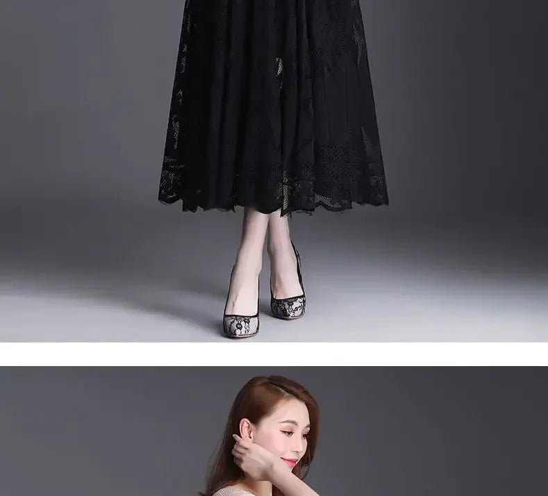 Lace Skirt for Women New Style Popular Versatile A-line Midi Skirt for Large Mesh Hollow Fairy Pleated Skirt