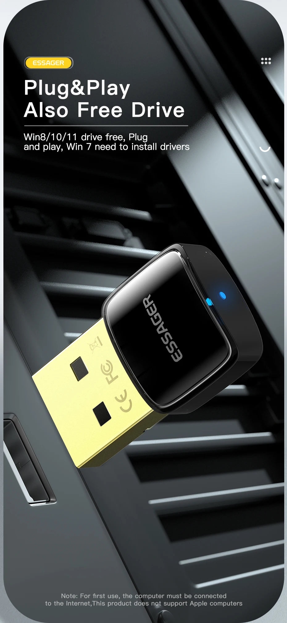 Essager Wireless USB Bluetooth 5.0 Adapter Dongle Mini Car Music AUX Audio Receiver Transmitter For PC Laptop Mouse Earphone HOT
