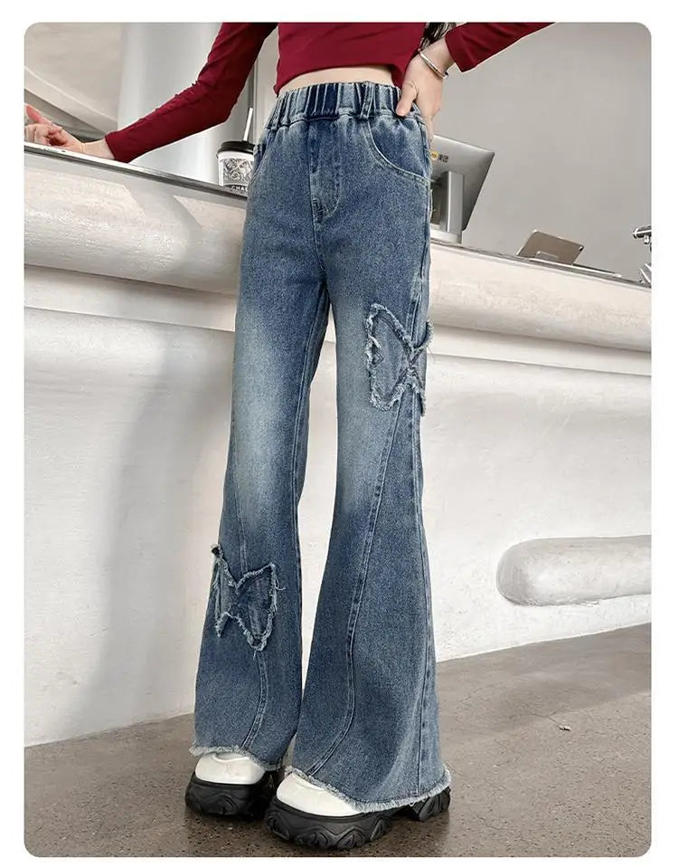 New Junior Girls Denim Pants Ins Bow Patchwork Children Girls Flared Pant Loose Elastic Waist Casual 4-14Y School Girls Trousers