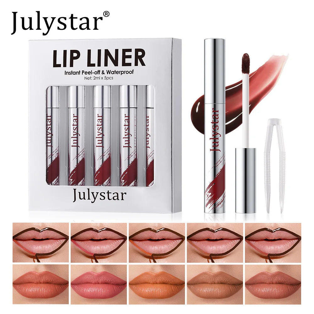 5pcs Peel Off Lip Liner Pen Set, Long-lasting Waterproof & Smudge-proof Peel Off Lip Liner Stain,Peel Off Lipstick Natural Lip
