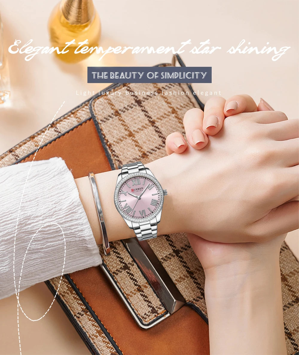 CURREN NEW Luxury Stainless Steel Wristwatches for Ladies Romantic Rose Pink with Rhinestones Roman Numeral Dial