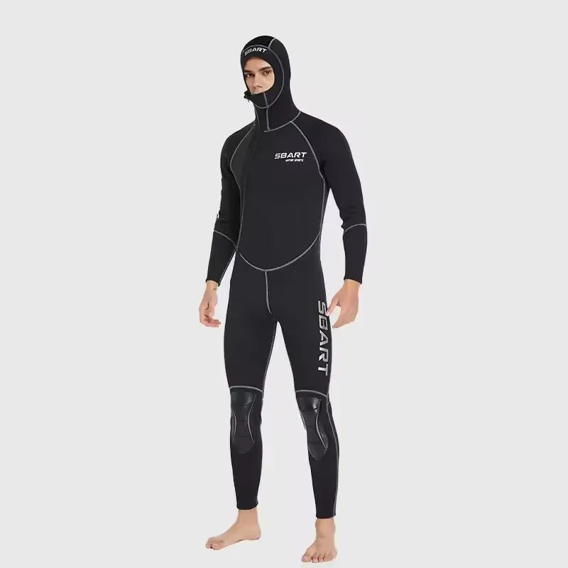 SBART 3mm One-piece Neoprene Wetsuit Men Hooded Warm Long Sleeve Diving Suit Cold Proof Sunscreen Surfing Swimming Snorkeling