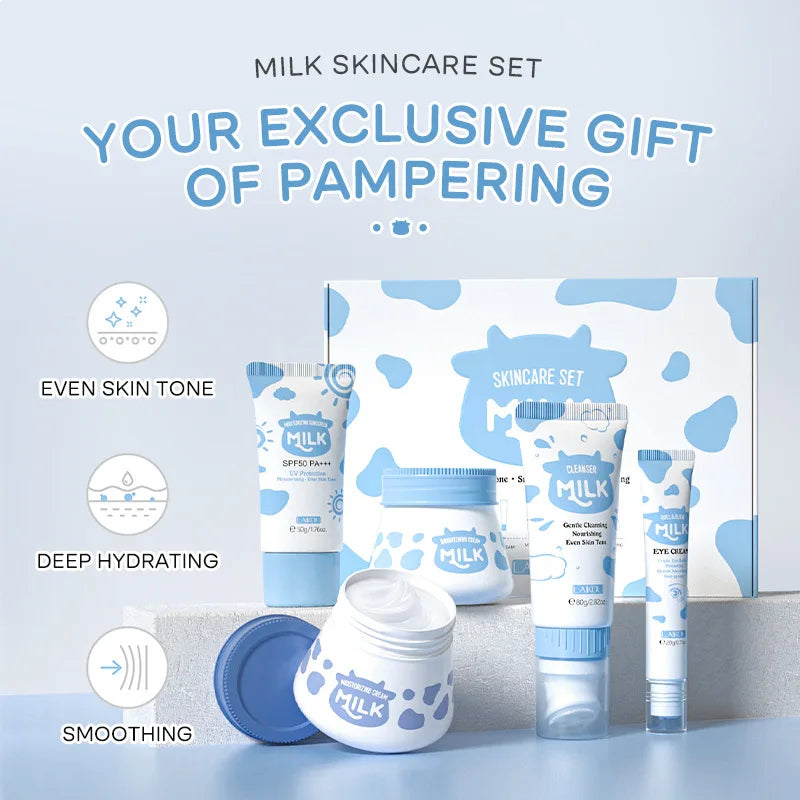 5pcs/box LAIKOU Milk Skin Care Sets Sunscreen Facial Cleanser Face Moisturizing Creams Eye Cream Repairing Smoothing Face Care