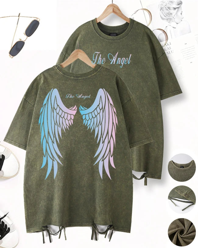 Gradient Wings Design Washed Holes T-Shirt Men Sport Cool Short Sleeve Breathable Cotton O-Neck Top Casual Unisex Loose Clothes