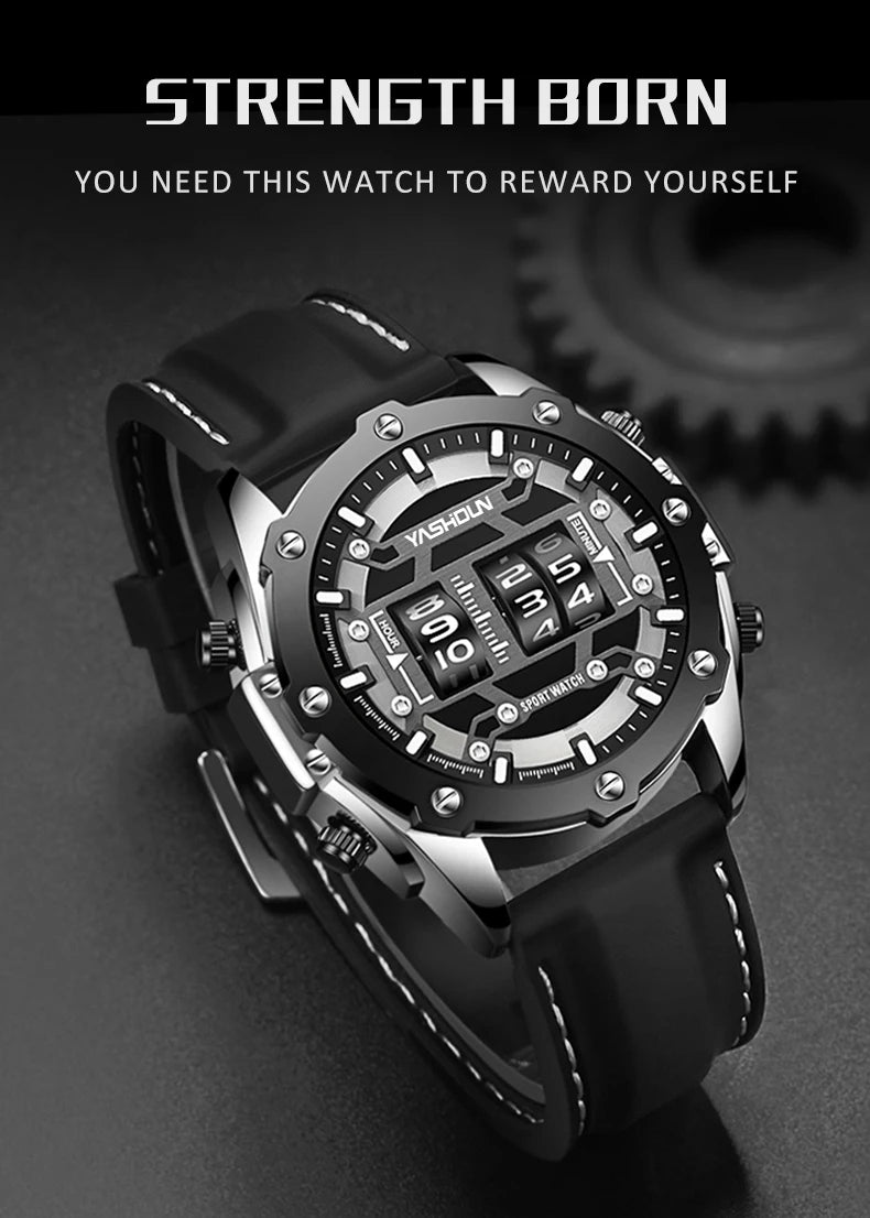 Men Quartz Watch Roller Digital Dial Design Silicone Strap Versatile Wristwatch Clock Waterproof Military Sports Clock