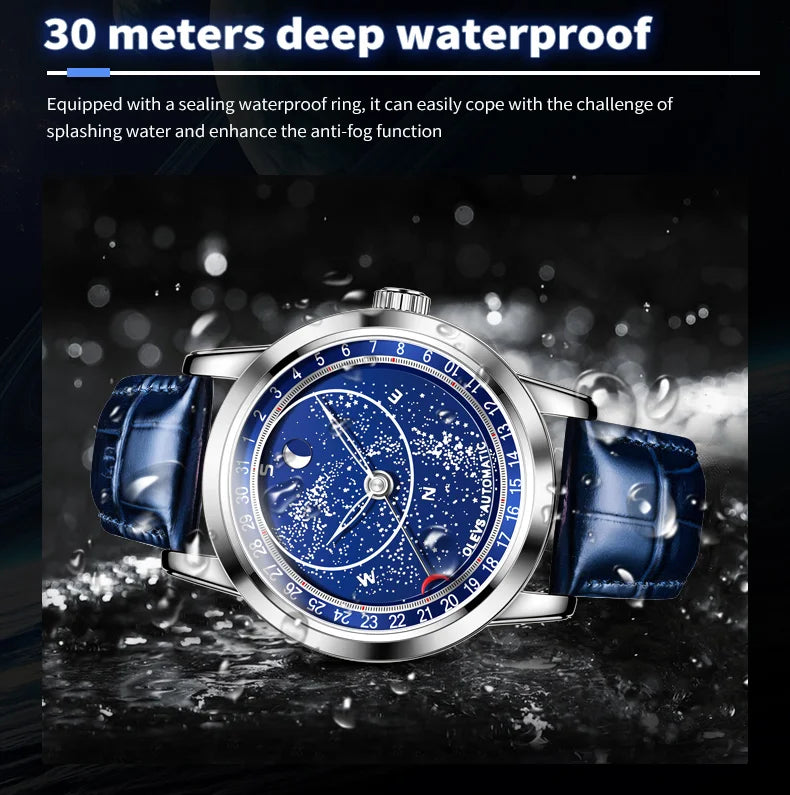 OLEVS 9923 Mens Watch Luxury Original Automatic Mechanical Watch Leather Strap Waterproof Luminous Starry Dial Watch For Men