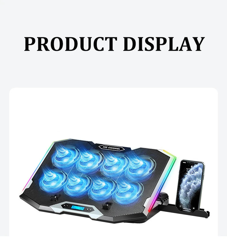 ICE COOREL Gaming RGB Laptop Cooler 12-18 Inch Led Screen Laptop Cooling Pad 3500 RPM 8 fans 2 USB Ports Notebook Cooler Stand