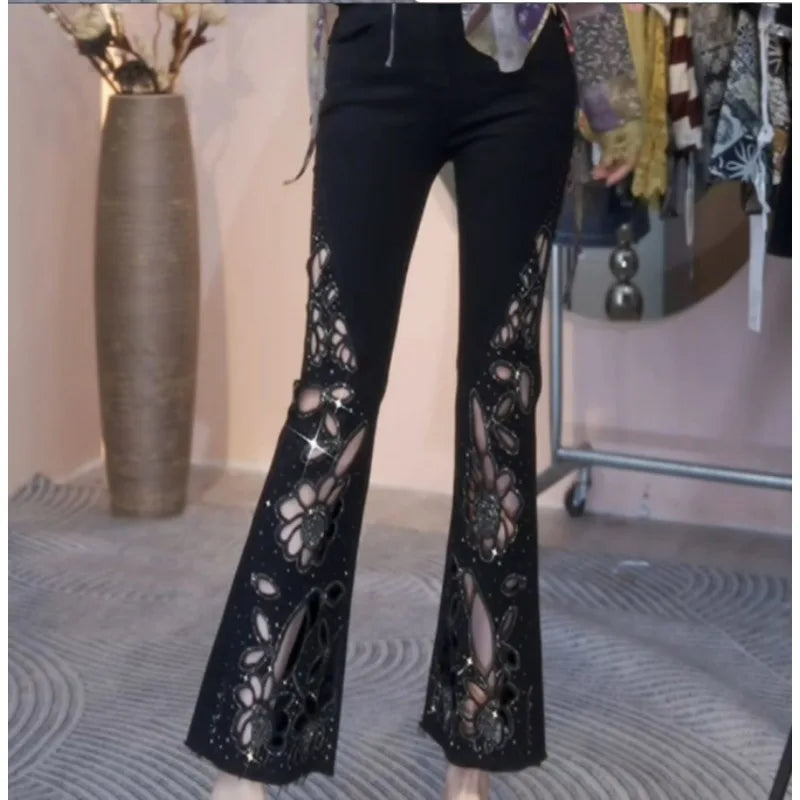 Summer 2026 New Fashion Hollowed-out Embroidered Brick Jeans for Women, High-waisted, Form-fitting 9-inch Slightly Flared Pants