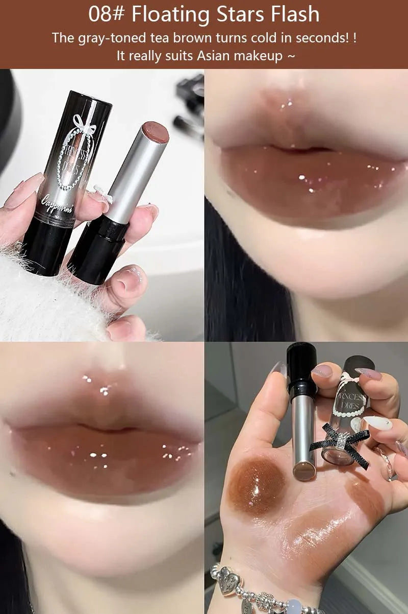 Pink Crystal Mirror Glass Solid Lip Gloss Round Tube Water Light Jelly Lipstick Moisturizing Clear Lip Glaze Nude Brown Lip Tint