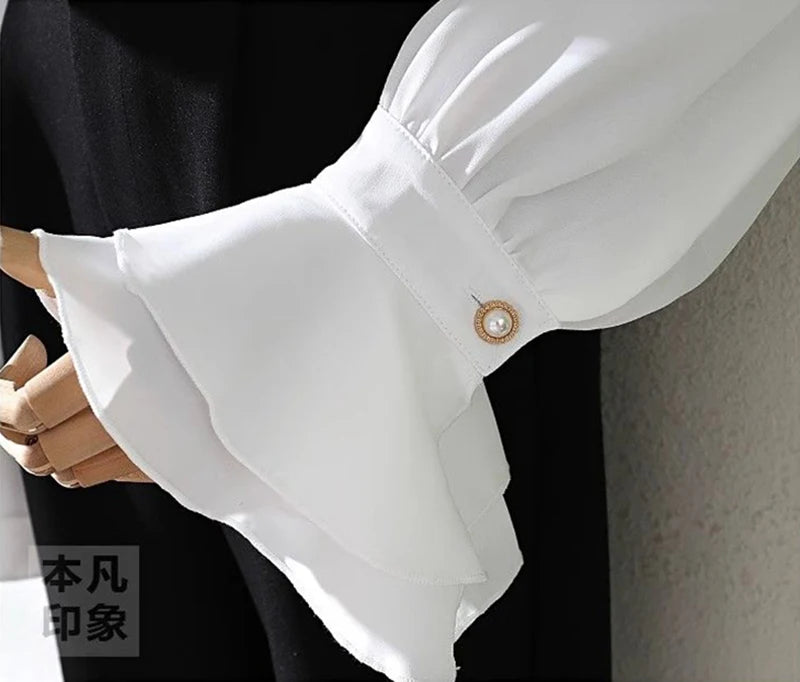 MEXZT Vintage White Shirts Women Elegant Ruffles Flare Long Sleeve Blouses Office Ladies Korean Single Breasted Design Chic Tops