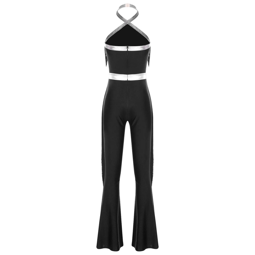 Womens 70s Disco Party Jumpsuit Halter Shiny Sequins Tassel Flared Pants Latin Jazz Dance Rompers Rave Festival Prom Clubwear