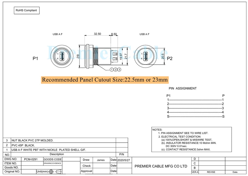 USB 2.0 A Female to Female Connector Round Flush Panel Mount 480Mbps USB Type A Bulkhead Feedthrough Adapter Socket Extender