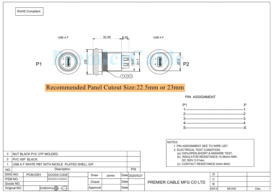 USB 2.0 A Female to Female Connector Round Flush Panel Mount 480Mbps USB Type A Bulkhead Feedthrough Adapter Socket Extender