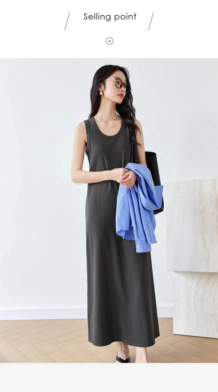 VIMLY Summer Tank Dresses 2026 Woman Simple Gray Cotton Blend Knitted Loose Sleeveless A Line Long Dress Women's Clothing M9852
