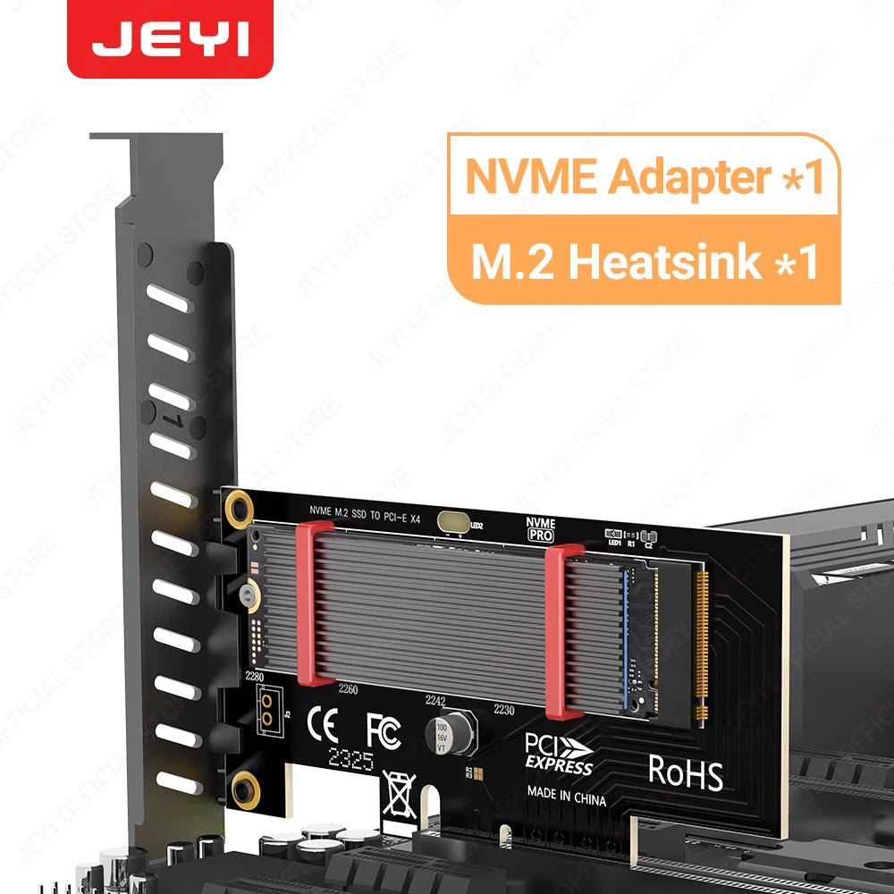 JEYI PCIe to NVMe Adapter With Aluminum SSD Heatsink Cooler, 64Gbps M.2 ssd PCIe 4.0 X4 X8 X16 Expansion Card for Desktop