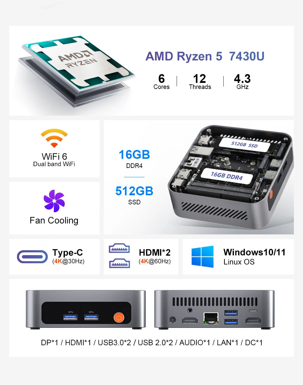 Ninkear M7 Mini PC AMD Ryzen™ 5 7430U Windows 11 PRO 16GB DDR4 RAM 512GB SSD WIFI 6.0 Fan Cooling Mini Computers