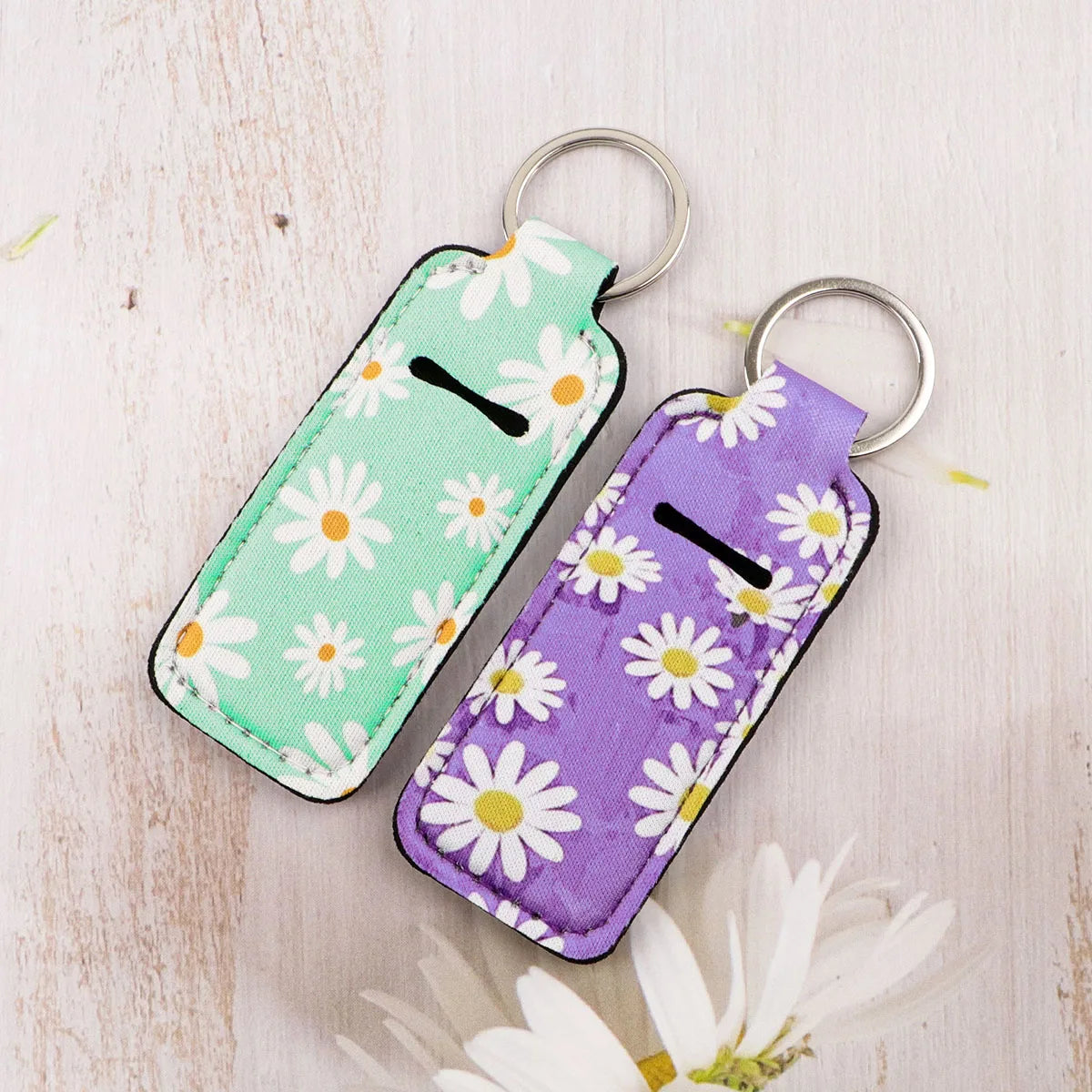 Flowers Clip On Lipstick Holder Keychain Daisy Print Simple Style Keyring Trendy Lip Balm Key Chain Bag Charms Accessories