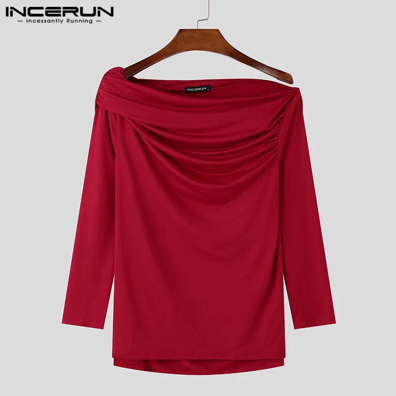 Sexy Fashion Style Tops INCERUN Men's Solid One-shoulder T-shirt Casual Clubwear Male Hot Sale Long Sleeved Camiseta S-5XL 2024