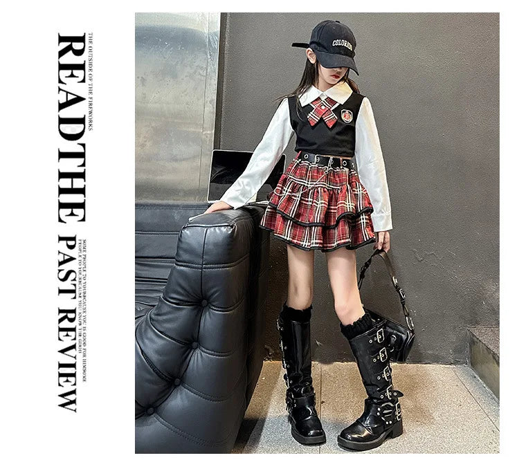 junior girls JK clothes Set Child Internet Celebrity Street Uniform suit Splicing shirt+checkered cake skirt+belt kids outfits