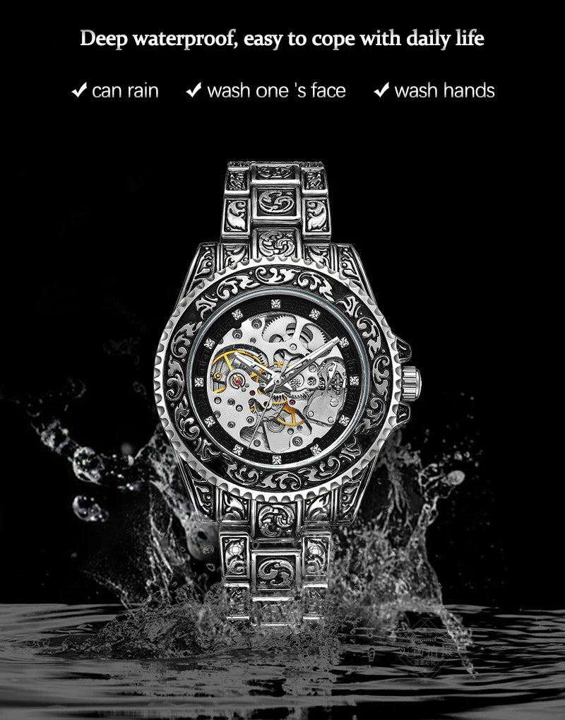 UTHAI M11 New Men watch hollowed out retro carved automatic mechanical watch cool clock gift，watches for man