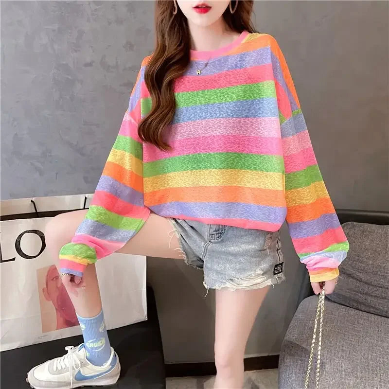 Rainbow Striped Long-sleeved Pullover Sunscreen for Women in Summer Light Top Oversize Mesh Versatile Air Conditioning Shirt