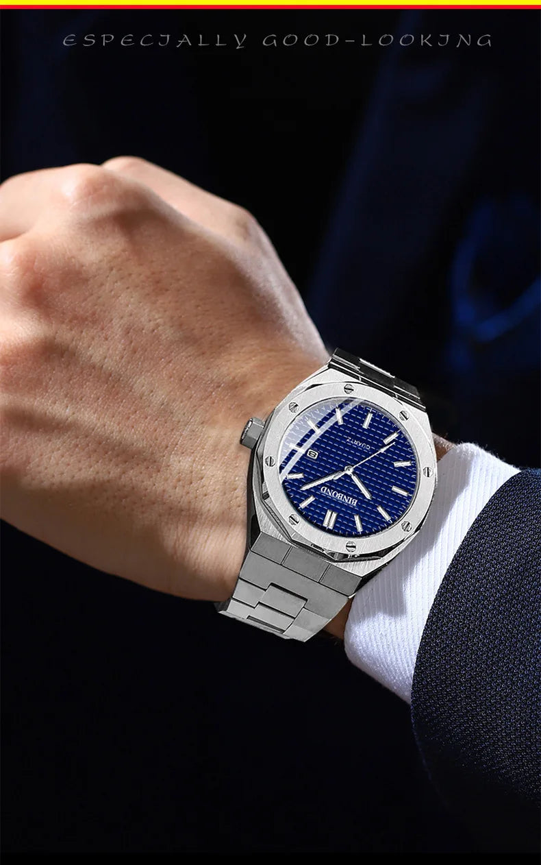 BINBOND 0233 Luxury Fashion Men's Quartz Watch Stainless Steel Large Dial Waterproof Night Light Men's Watch Clock