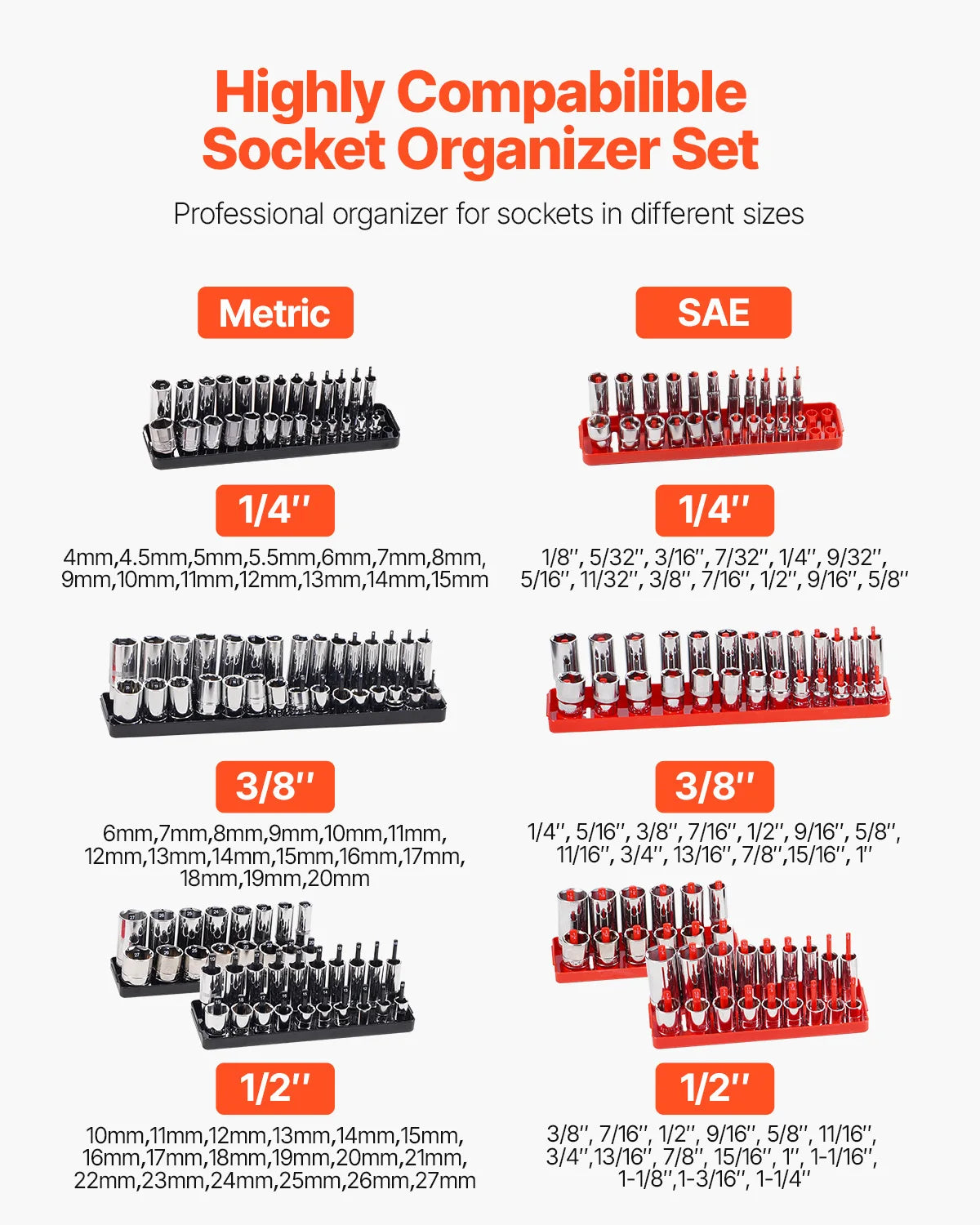 VEVOR 8PCS Socket Organizer Tray Set 1/4'' 3/8'' & 1/2'' Metric SAE Socket Holder up to 176PCS Standard & Deep Sockets for Tools