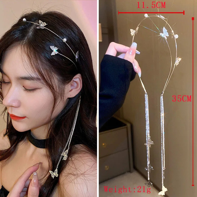 DREJEW Butterfly Hairbands for Women Rhinestone Crystal Long Tassel Chain Headband Simulated Pearl Headwear Hair Accessories